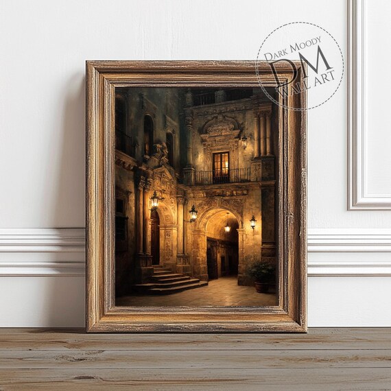 Gothic Courtyard Wall Art Medieval Castle Entrance Night Print