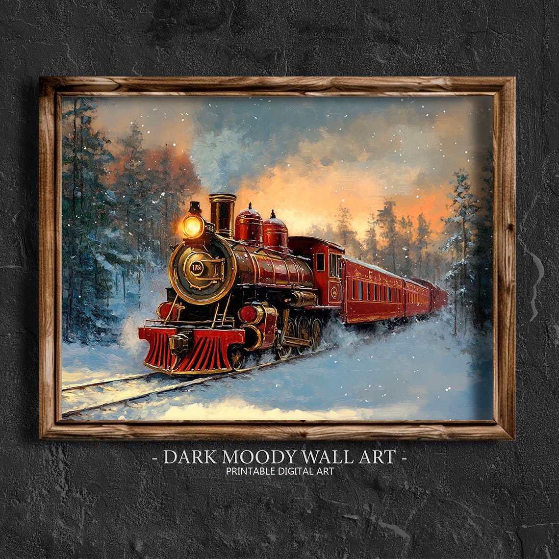 Vintage Red Steam Train Snowy Forest Sunset Scene Painting Poster