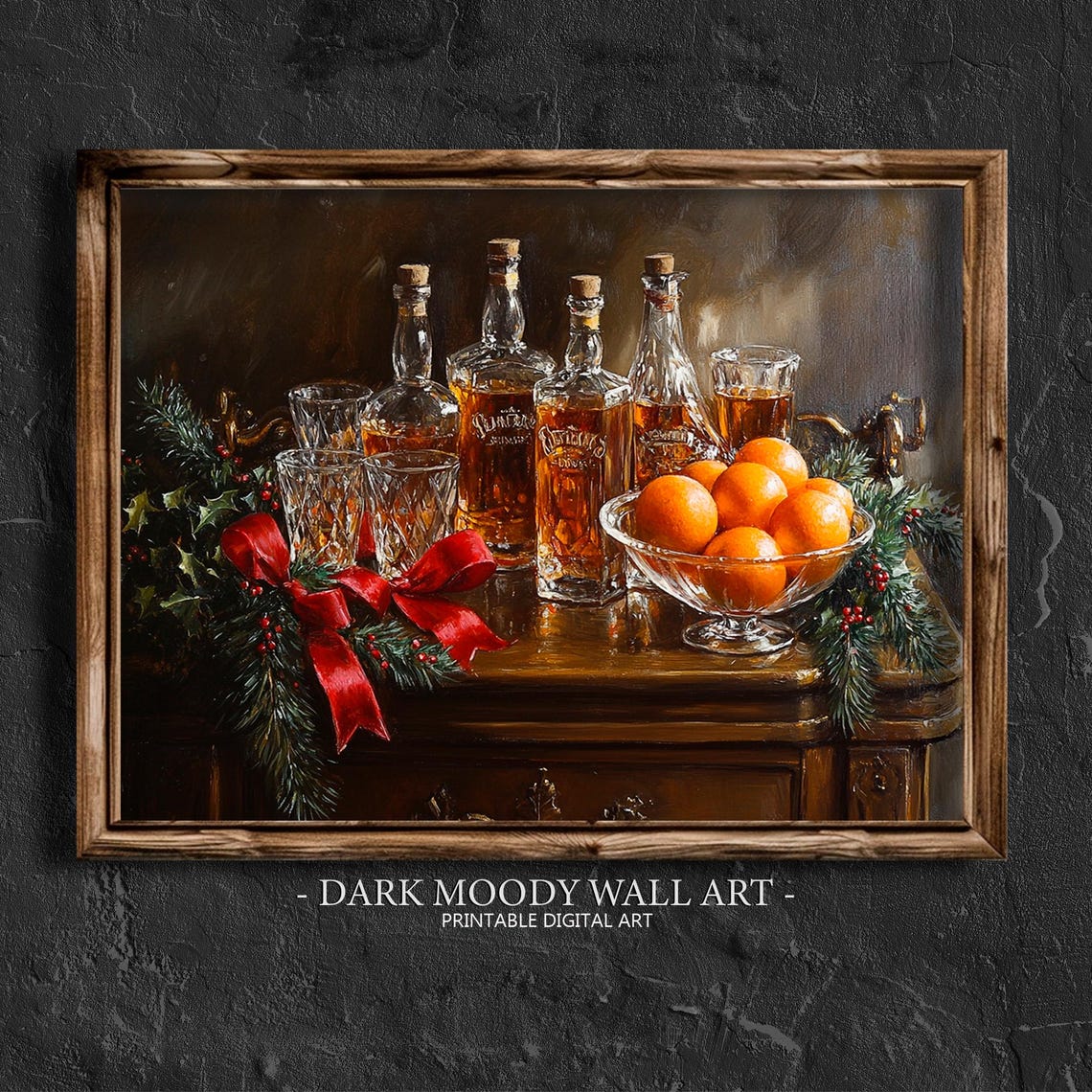 Whiskey Decanters With Oranges and Red Ribbon Holiday Wall Art