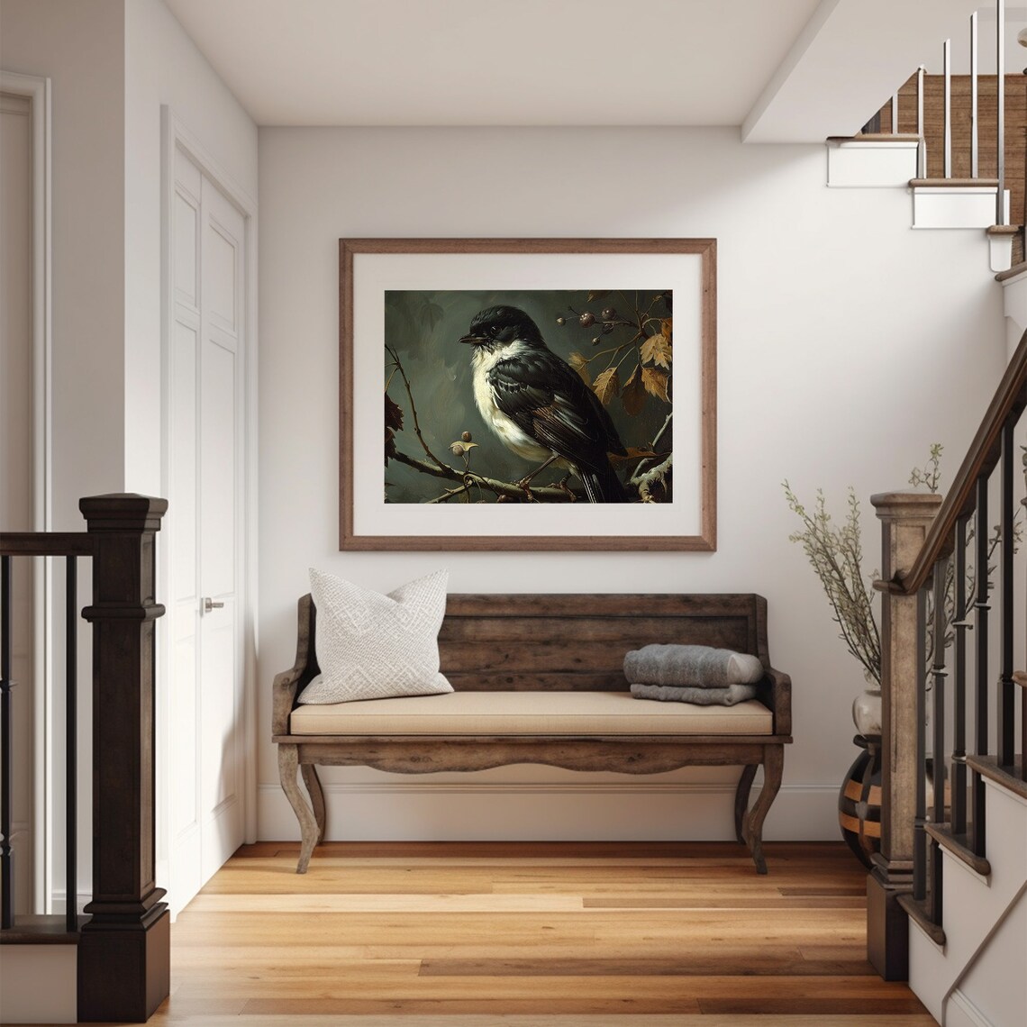 Dark Sparrow Songbird Branch Berries Moody Bird Painting Poster - Image 5