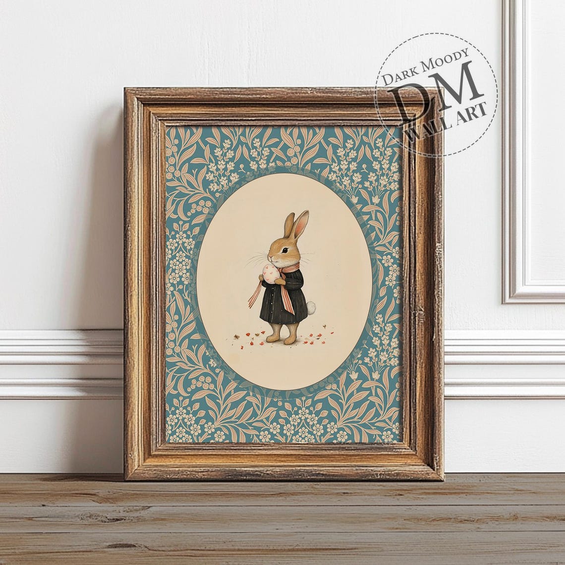 Vintage Easter Bunny Rabbit With Egg Spring Floral Border Animal Print