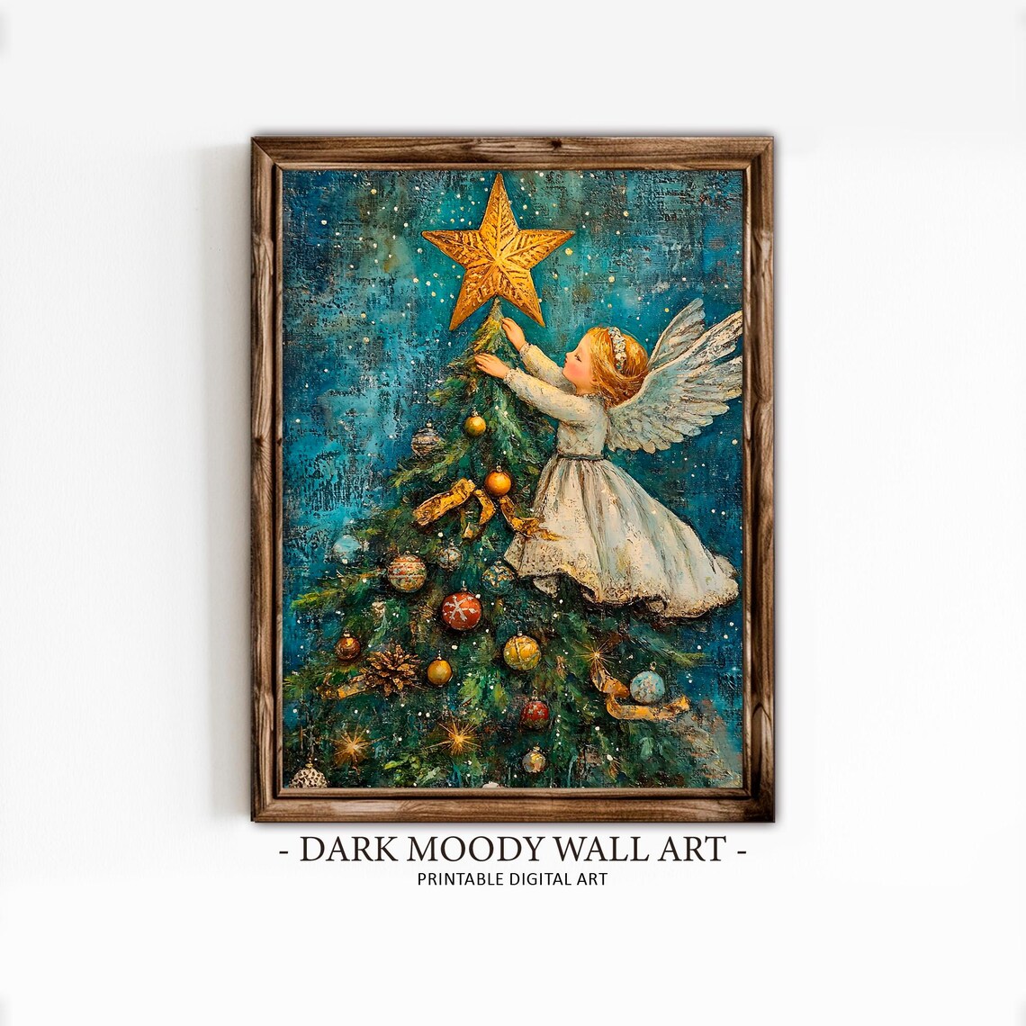 Little Angel Placing Star on Christmas Tree Vintage Holiday Art Poster