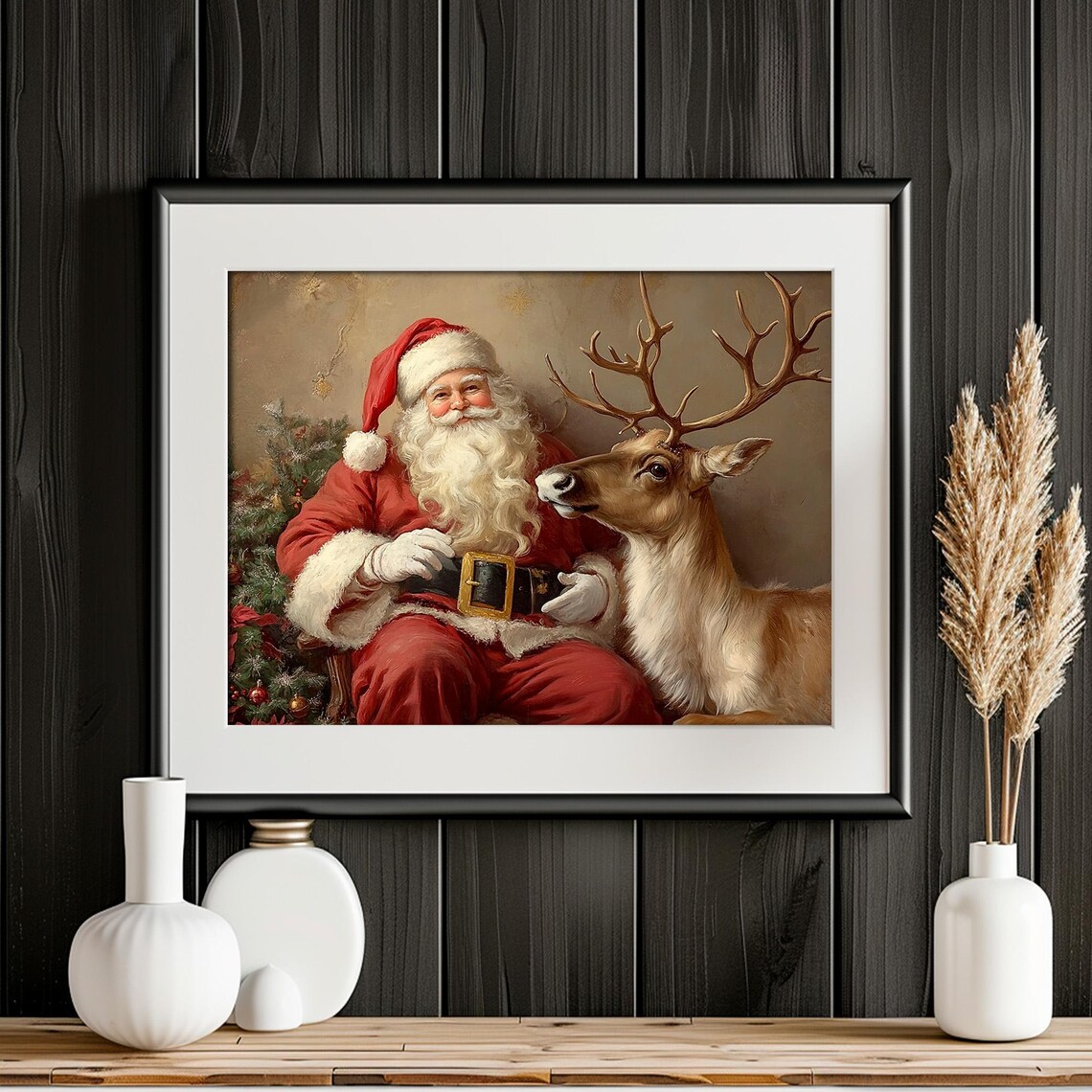 Santa Reindeer Christmas Art Print, Vintage Rustic Holiday - Image 4