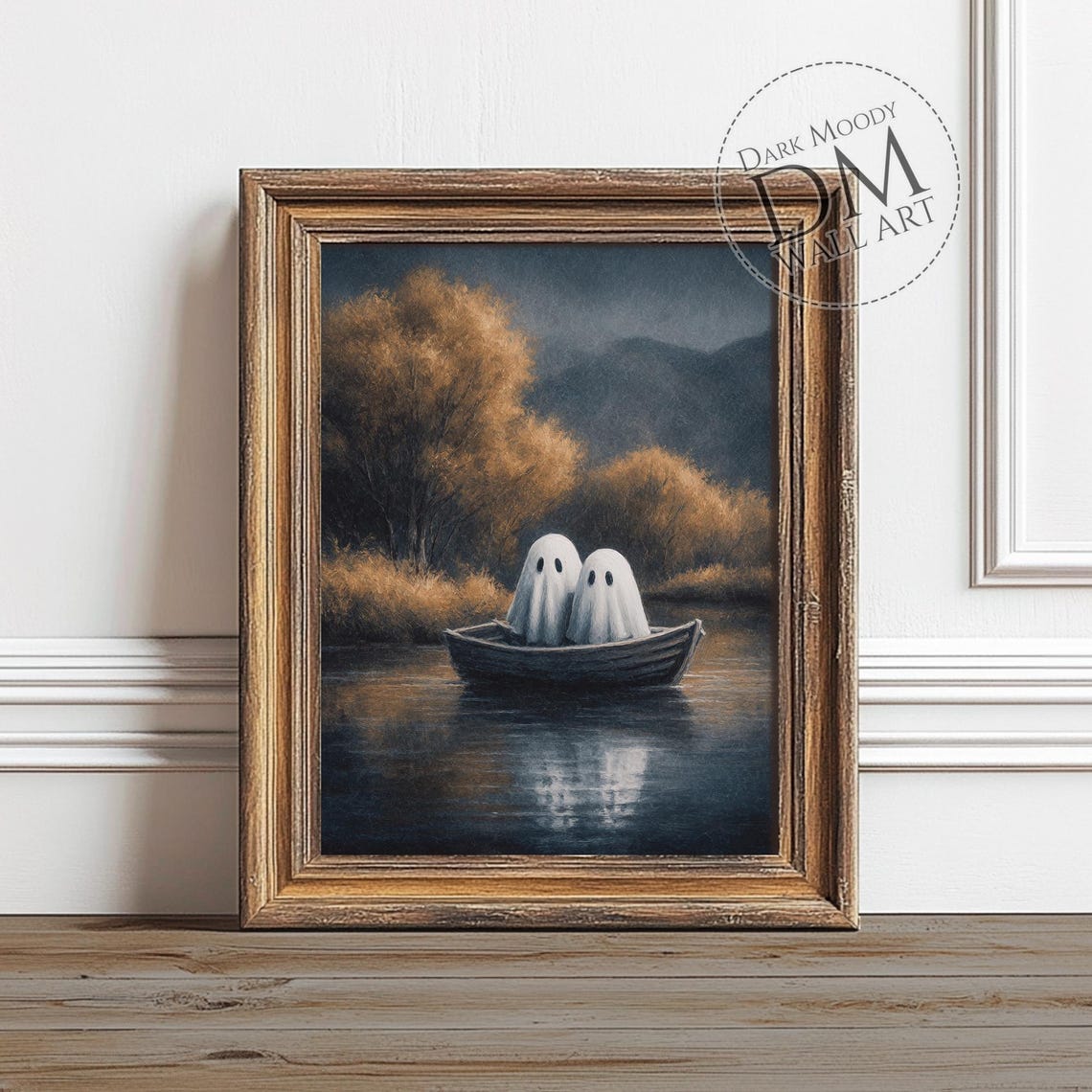 Two Cute Ghosts in Rowboat on Moonlit Lake Autumn Halloween Poster
