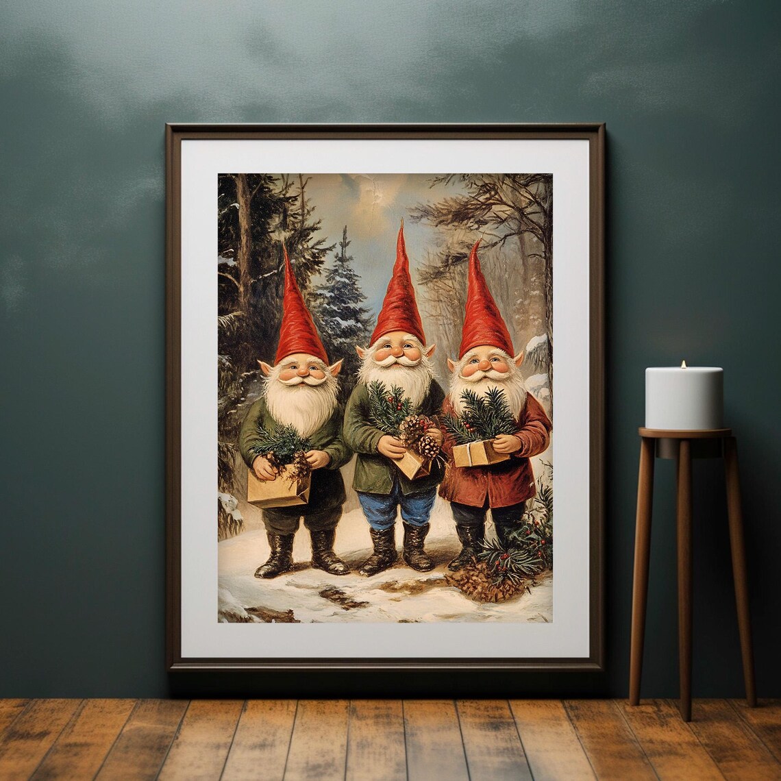 Christmas Gnomes Snowy Forest Trio Vintage Winter Painting Poster - Image 2