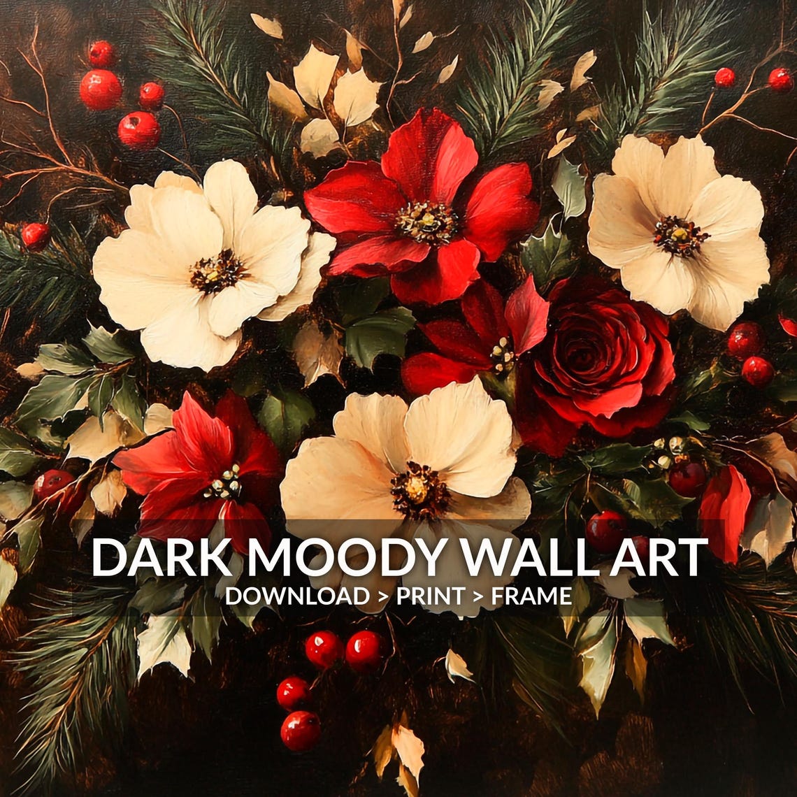 Christmas Red White Floral Bouquet Pine Berries Painting Poster - Image 6