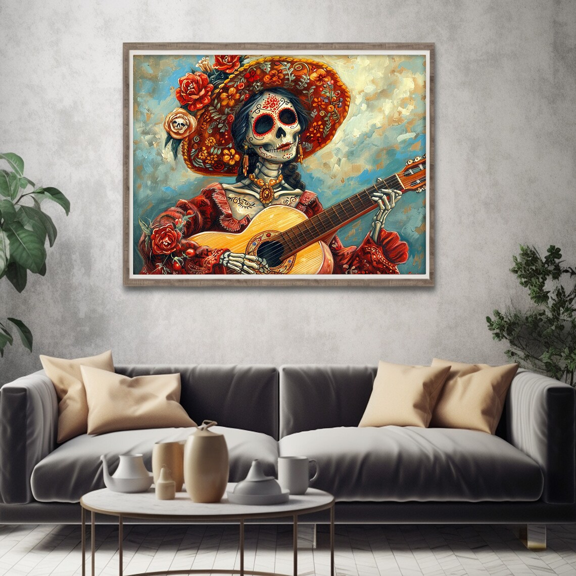 Catrina Skeleton Woman Guitar Red Dress Sombrero Folk Art Poster - Image 4