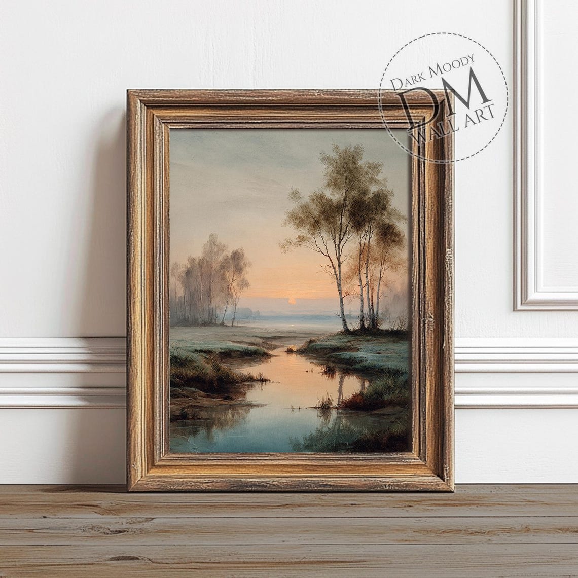 Misty Birch Trees by a Quiet River at Sunrise Moody Landscape Poster