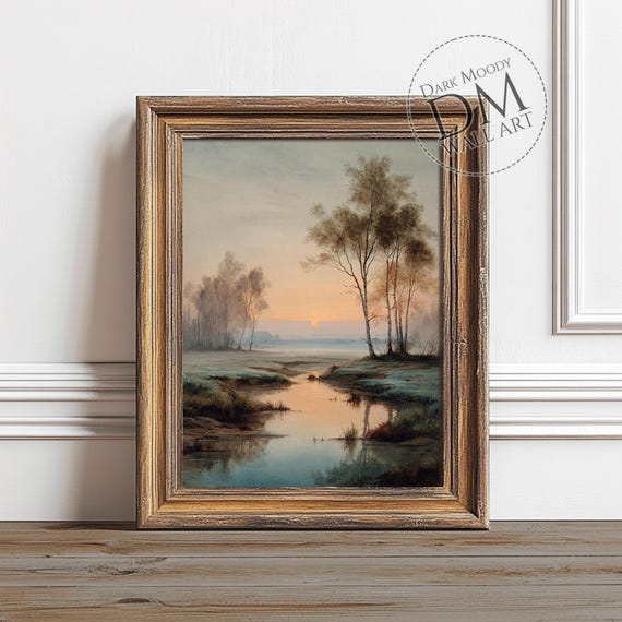 Scandinavian River Sunrise Landscape Wall Art Rustic Minimal Scene