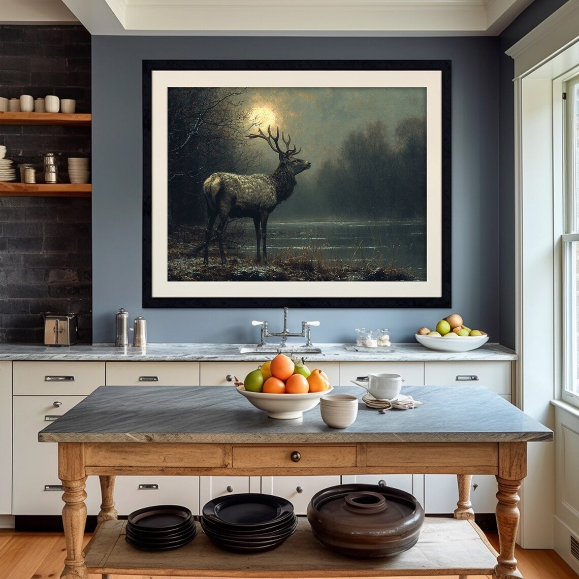 Majestic Stag Under a Full Moon by a Misty Lake Wildlife Painting Poster - Image 4