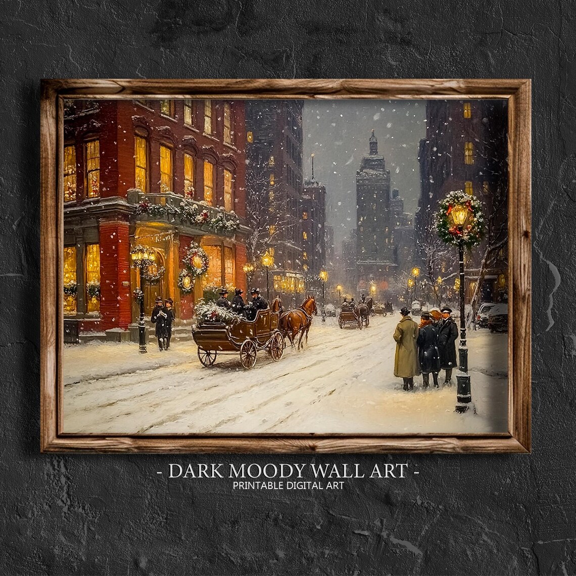 Victorian Horse Carriage Snowy Street Wreath Hotel Glow Poster - Image 4