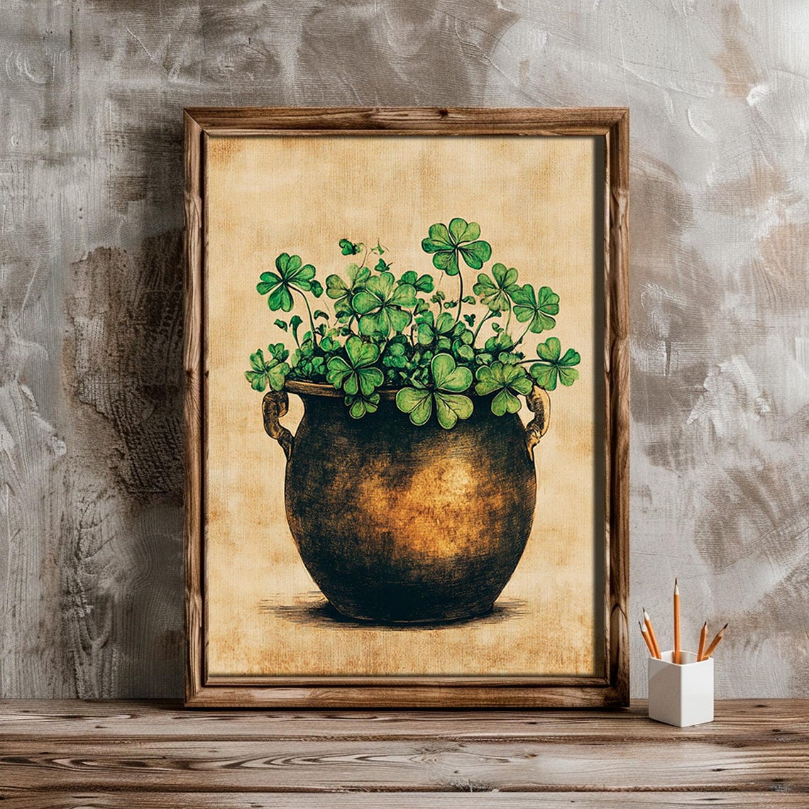Shamrocks In Dark Urn Pot Vintage Irish Good Luck Clover Wall Art - Image 2