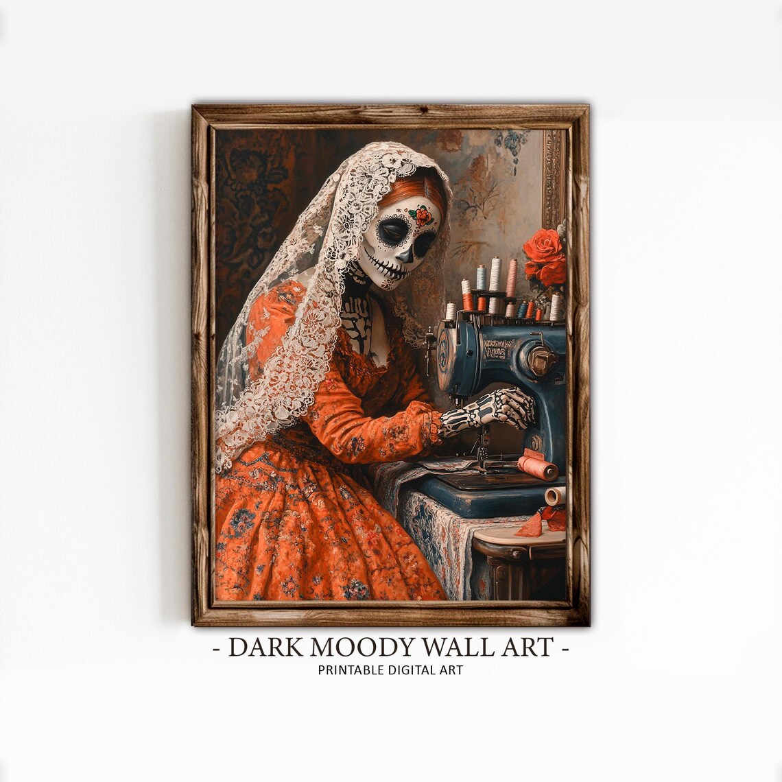 Day of the Dead Catrina Seamstress Sewing Machine Sugar Skull Portrait Poster - Image 2