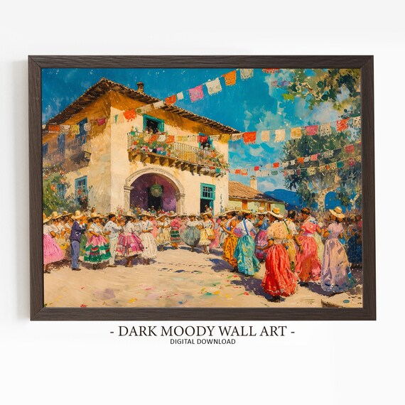 Colorful Mexican Village Fiesta Dance Celebration Impressionist Art Poster