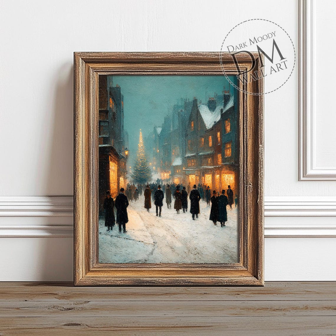 Victorian Christmas Street Lit Tree Evening Crowd Winter Poster