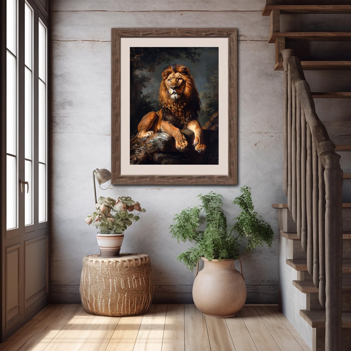 Antique Lion Painting Dark Moody Art Rustic Farmhouse Decor - Image 4