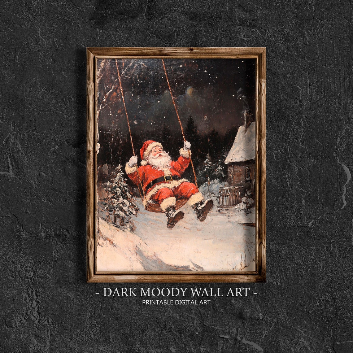 Santa Claus Swinging Winter Night Vintage Christmas Art Print