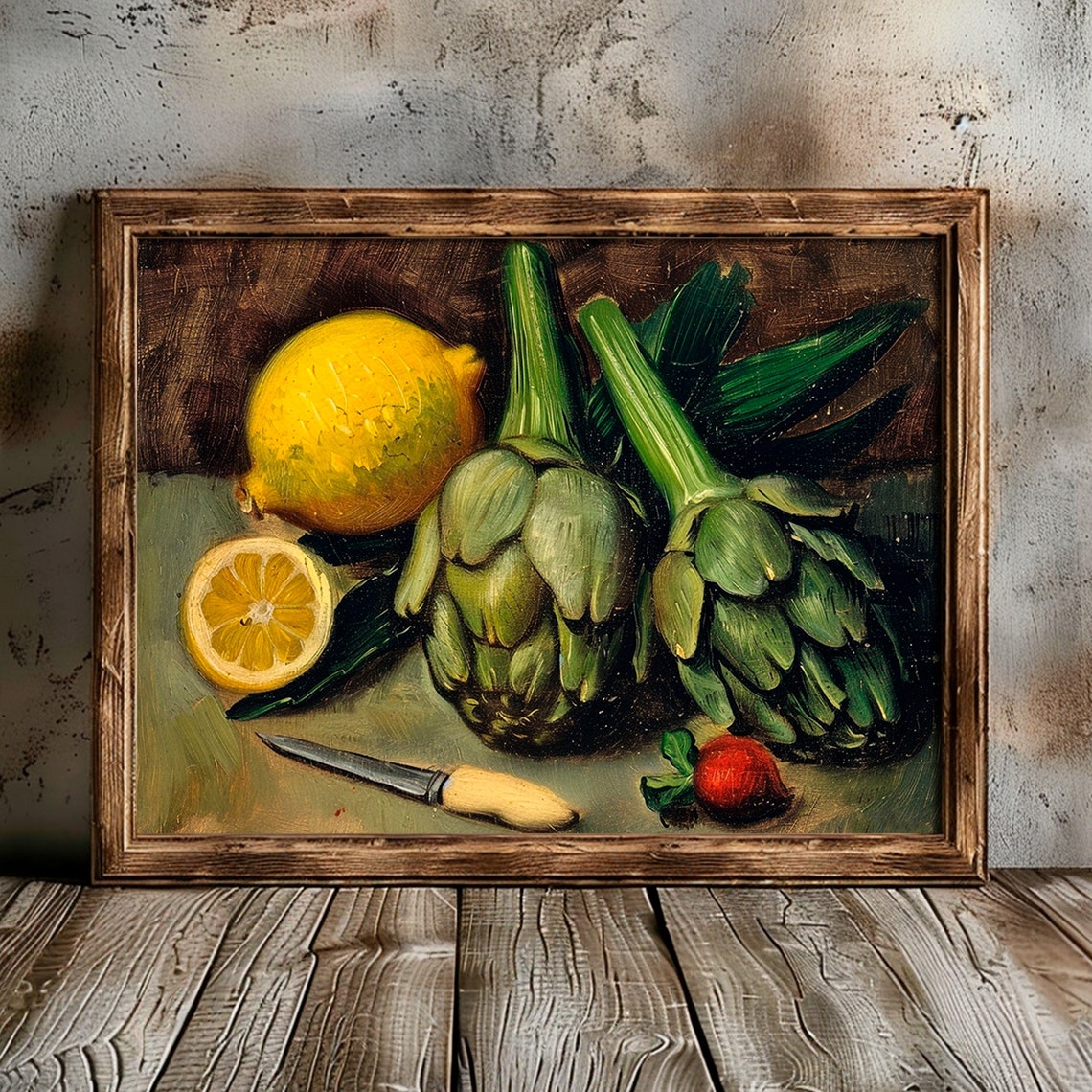 Moody Artichoke Lemon Print Kitchen Wall Decor Dark Still Life Painting Rustic Farmhouse Vegetable Wall Art - Image 2