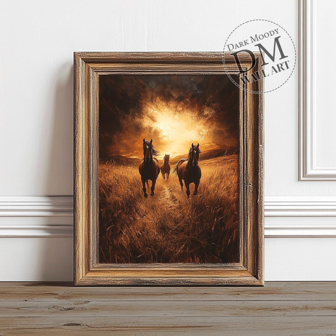 Wild Horses Galloping Sunset Golden Wheat Field Western Art Print