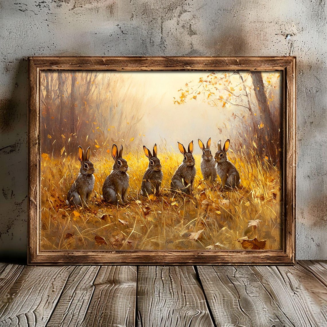 Six Rabbits Golden Meadow Autumn Morning Wildlife Painting Wall Art - Image 6