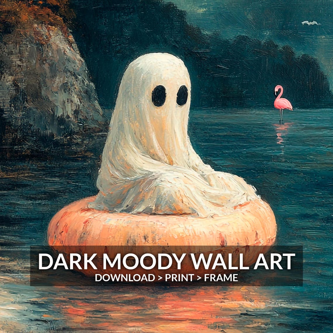 Lonely Ghost Swim Ring Dark Moody Night Ocean Halloween Wall Art - Image 6