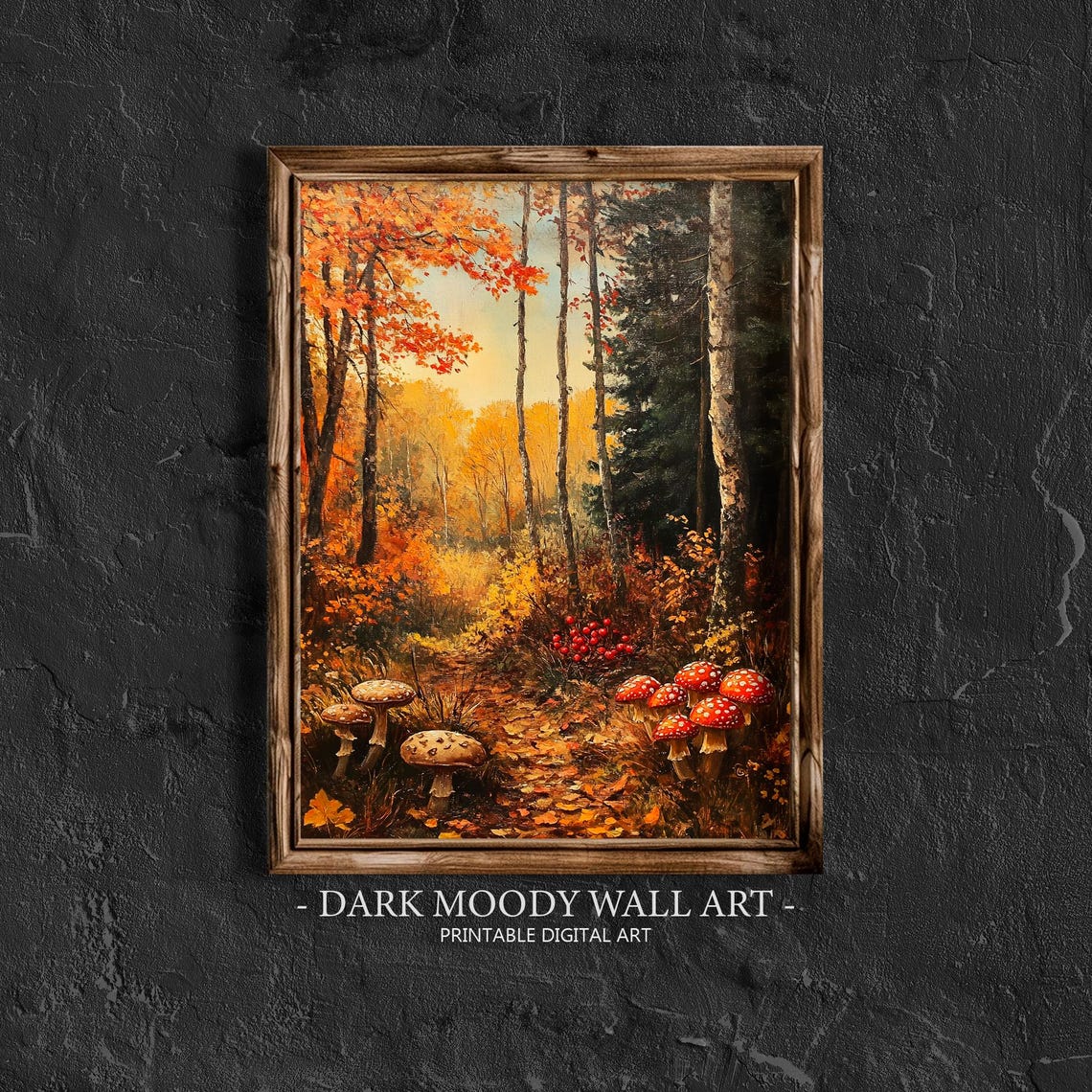 Mushrooms Leafy Forest Path Glowing Orange Canopy Autumn Wall Art