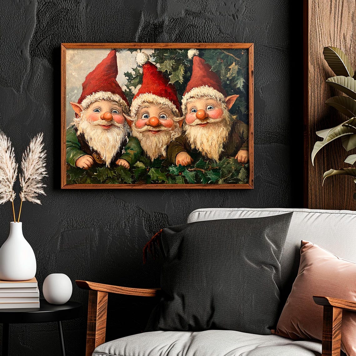 Three Smiling Christmas Elves Peeking Through Holly Wall Art - Image 4