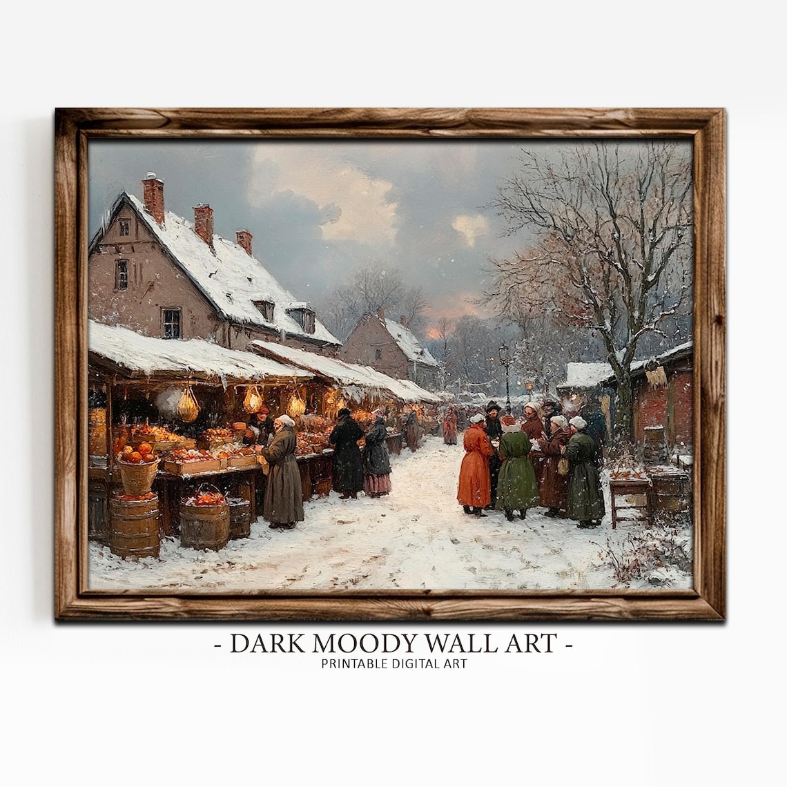Winter Street Market in Snow With Bustling Stalls Vintage Wall Art