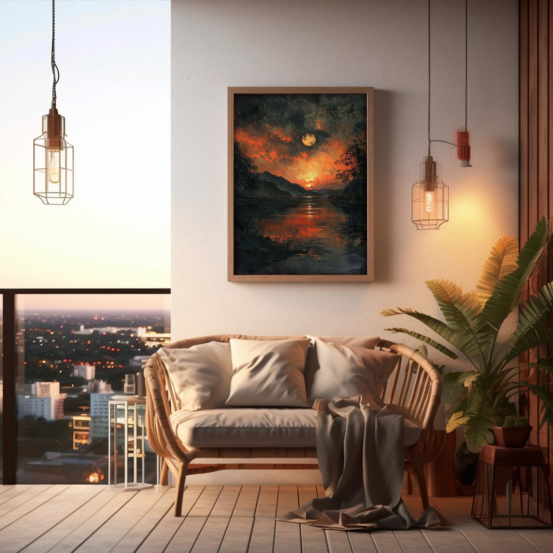Sunset And Full Moon Painting Lake Landscape Print Dark Moody Art - Image 4