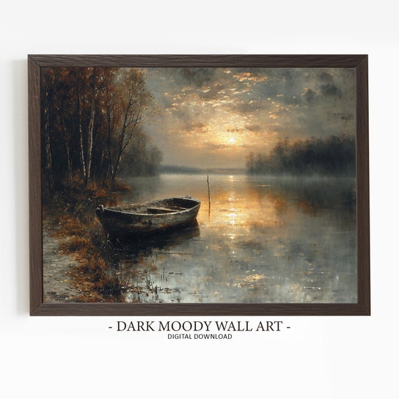 Lake House Decor Boat Painting Moonlight Forest Print Moody Landscape Dark Cottagecore Rustic Decor