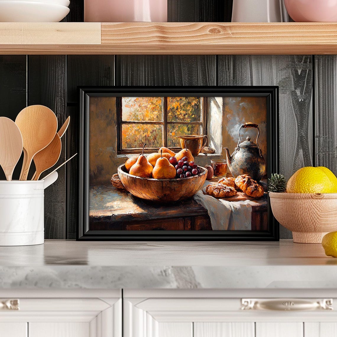 Autumn Pears And Grapes Kitchen Still Life Oil Painting Wall Art - Image 4