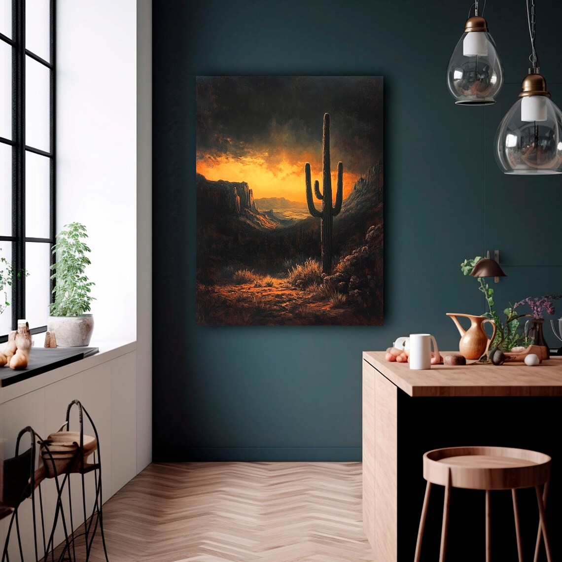 Southwest Saguaro Cactus Art Print, Moody Landscape - Image 2