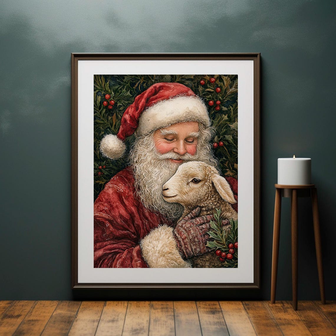 Santa Claus Holding a Lamb Holly Berries Gentle Christmas Art Poster - Image 2