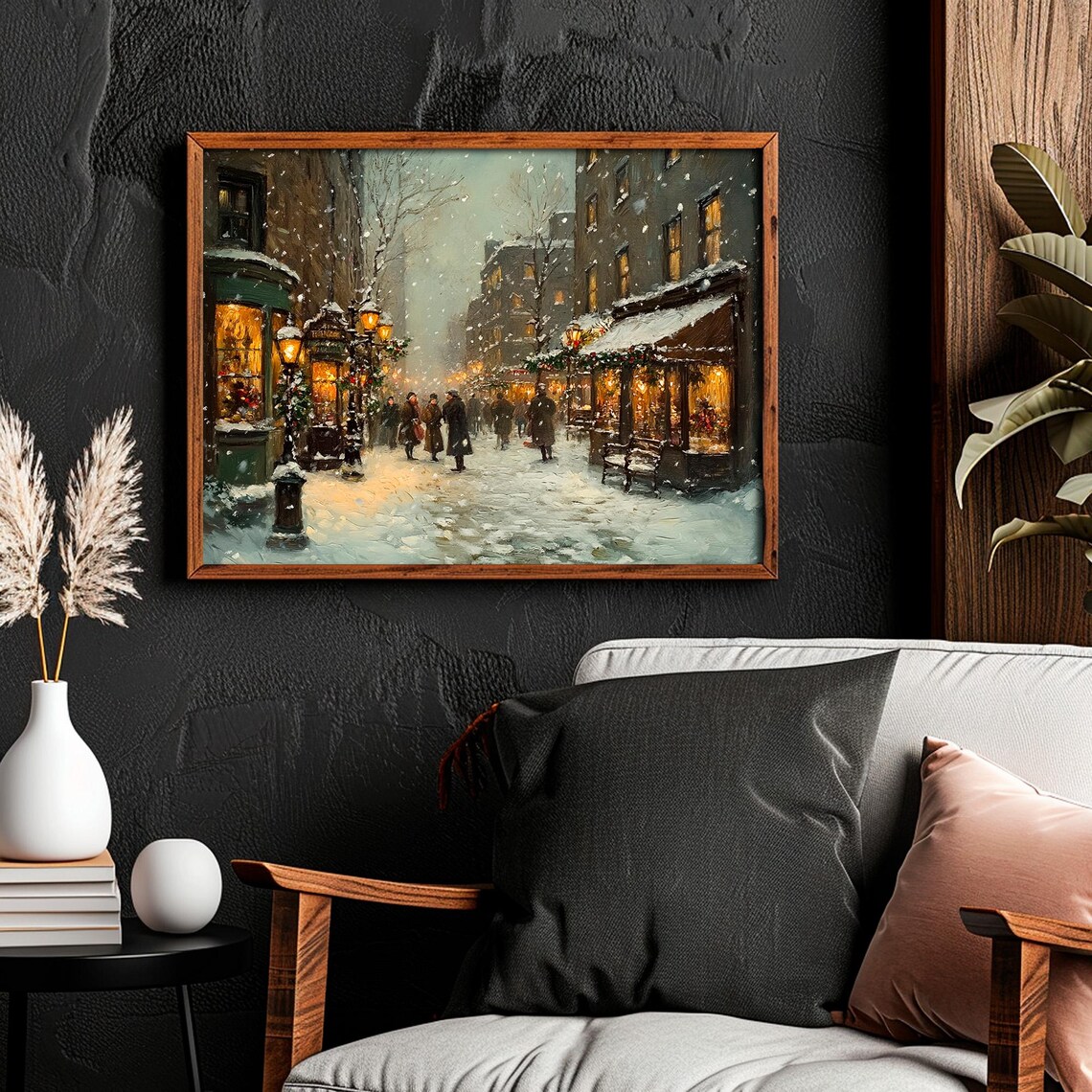 Snowy Vintage City Street Shops Night Lights Winter Painting Poster - Image 4