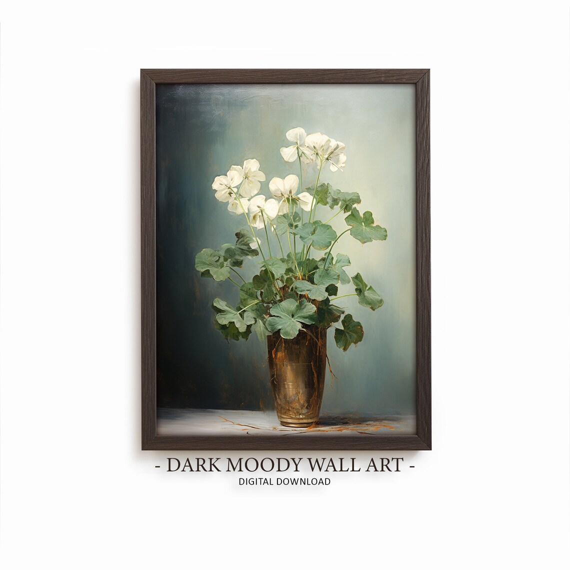 White Flowers Vase Dark Moody Botanical Still Life Painting Poster