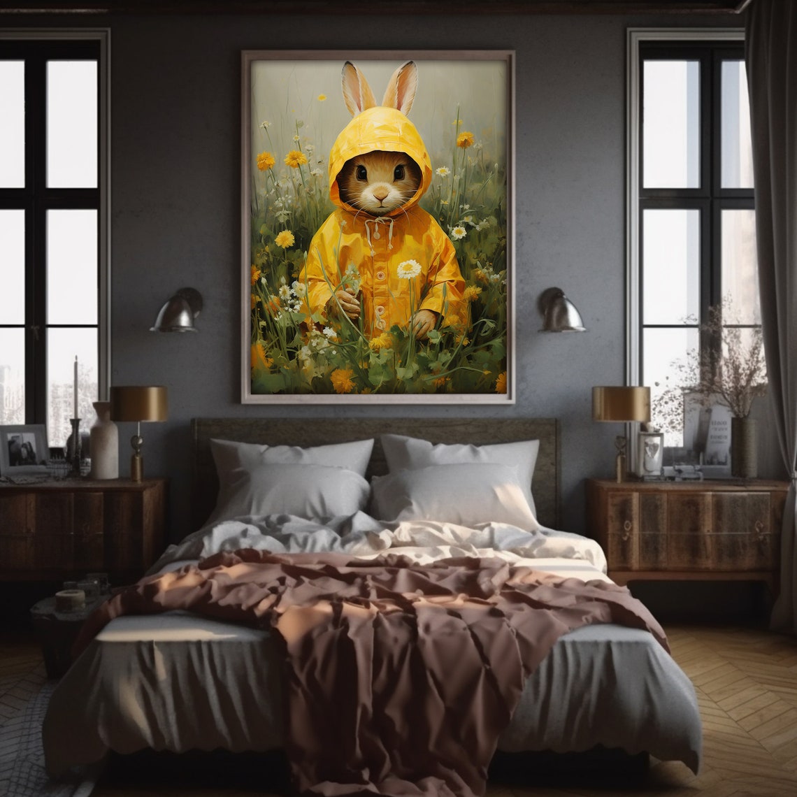 Bunny in Yellow Raincoat Wildflower Meadow Watercolor Spring Poster - Image 6
