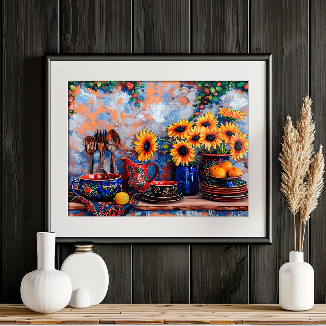 Talavera Pottery Sunflowers Oranges Folk Still Life Art Poster - Image 2