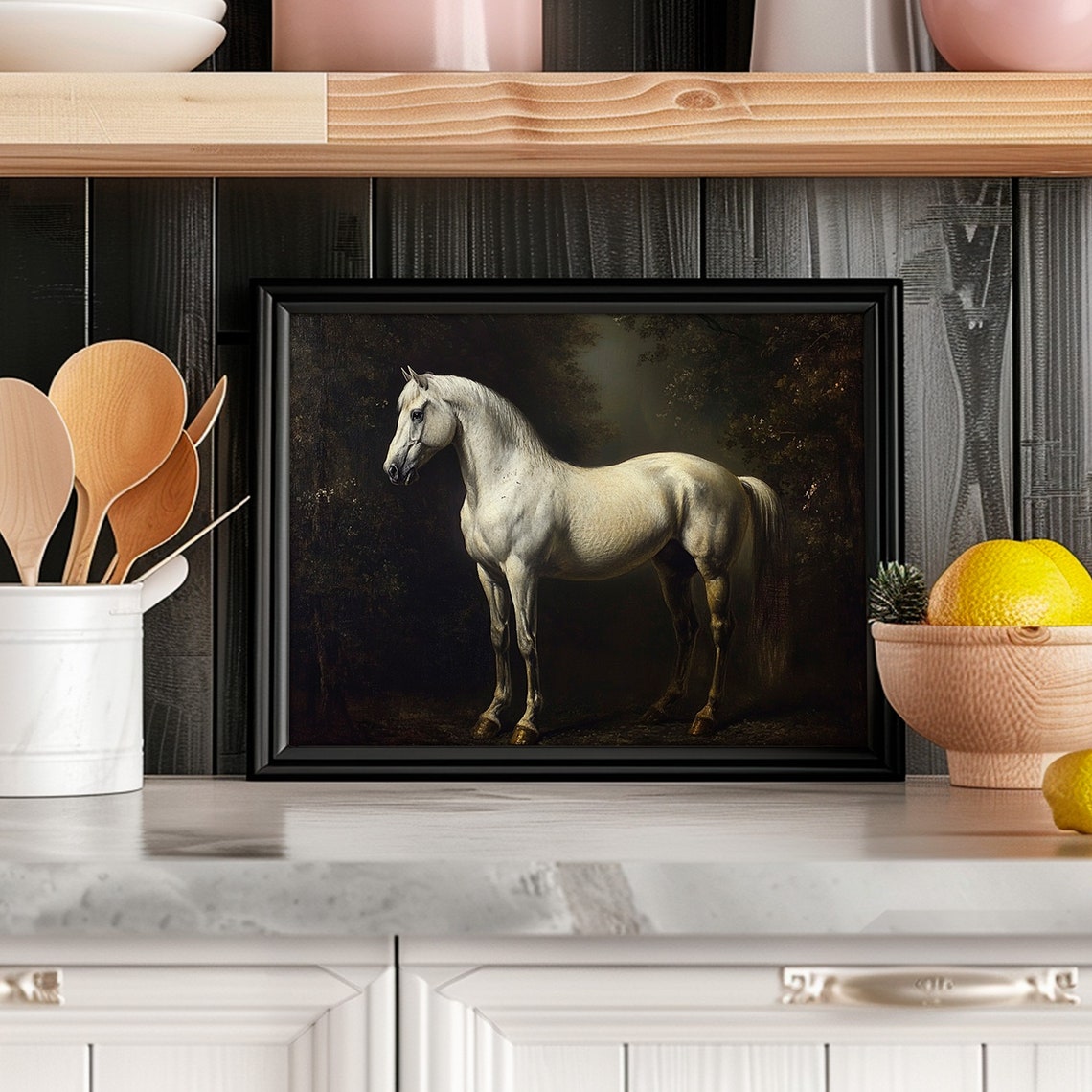 White Horse Dark Forest Classical Equine Portrait Painting Poster - Image 5