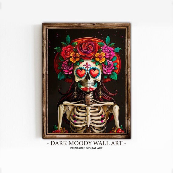 Day Of The Dead Catrina Skeleton Heart Eyes Flower Crown Art Print