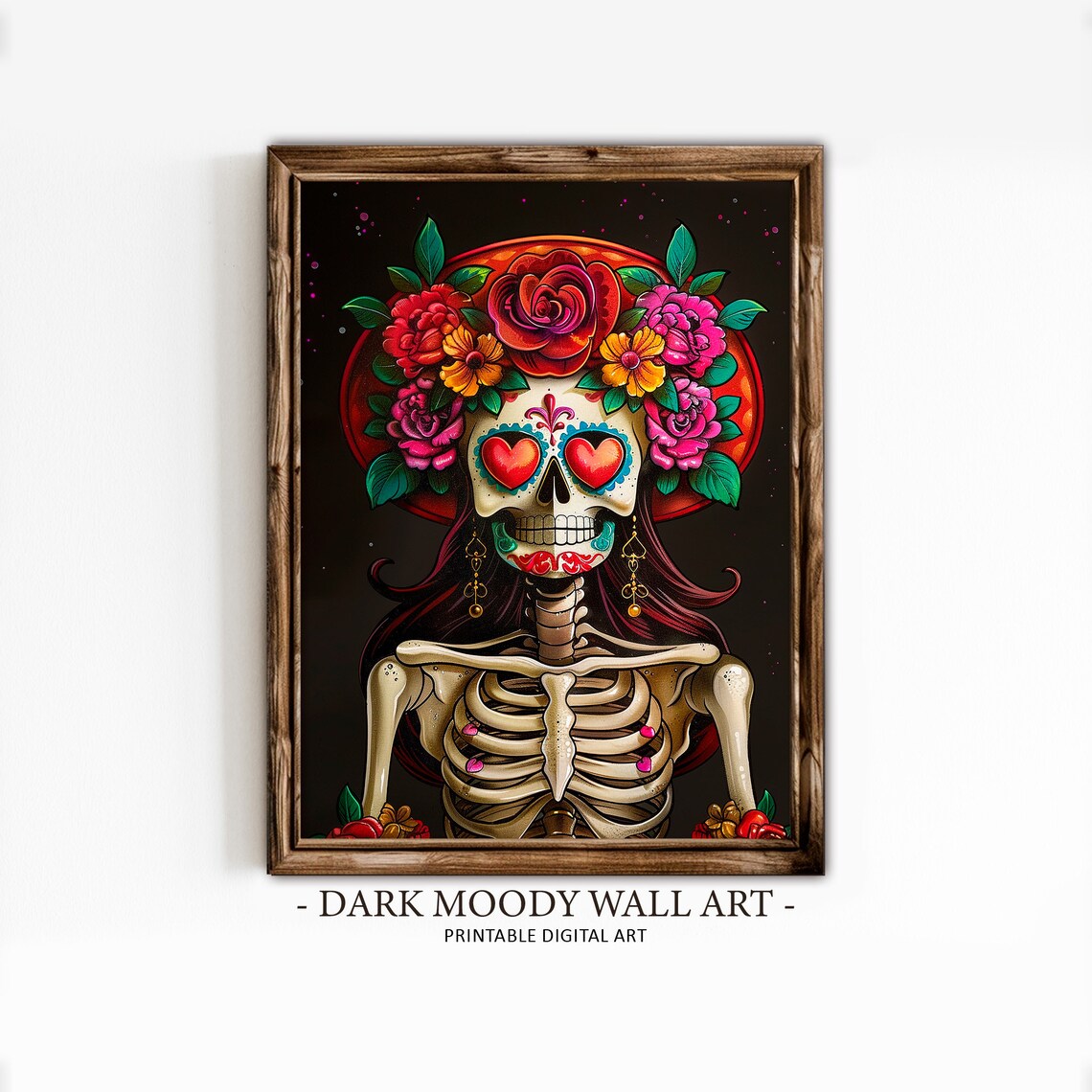Day Of The Dead Catrina Skeleton Heart Eyes Flower Crown Art Print