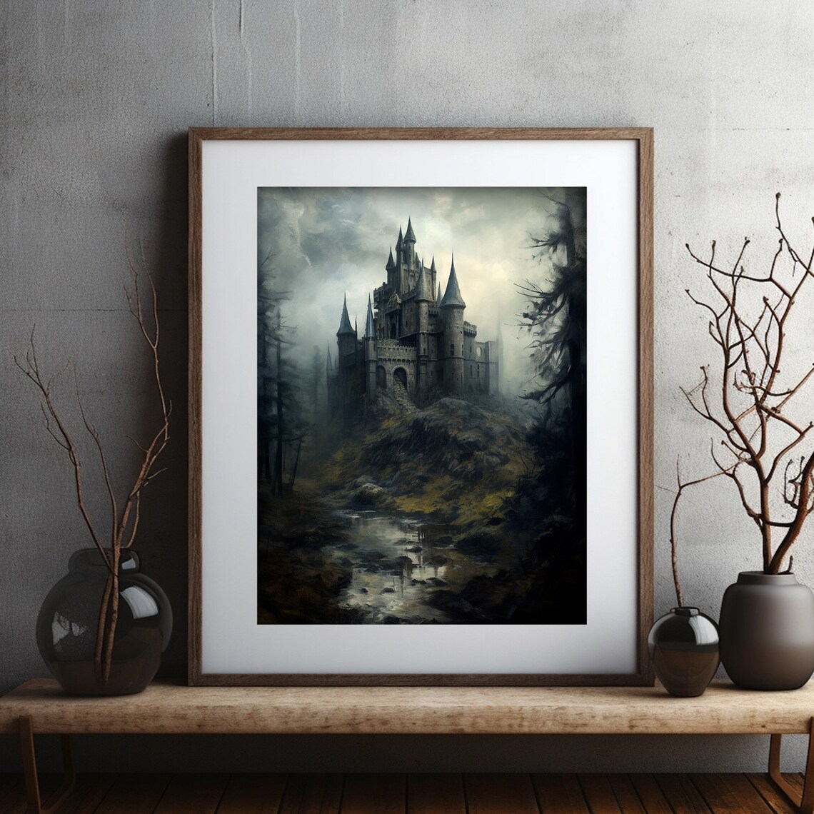 Dark Gothic Castle on a Misty Hill Moody Medieval Landscape Art Poster - Image 4