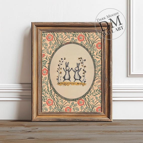 Dancing Rabbits Vintage Folk Animal Art Print