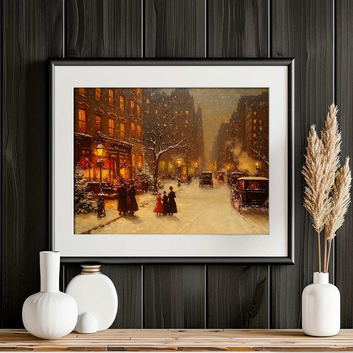 Victorian Snowy Street Carriages Pedestrians Winter Eve Poster - Image 2