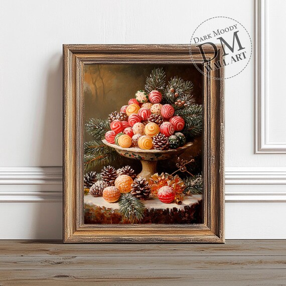 Moody Vintage Christmas Candy Ornament Still Life Oil Painting Poster