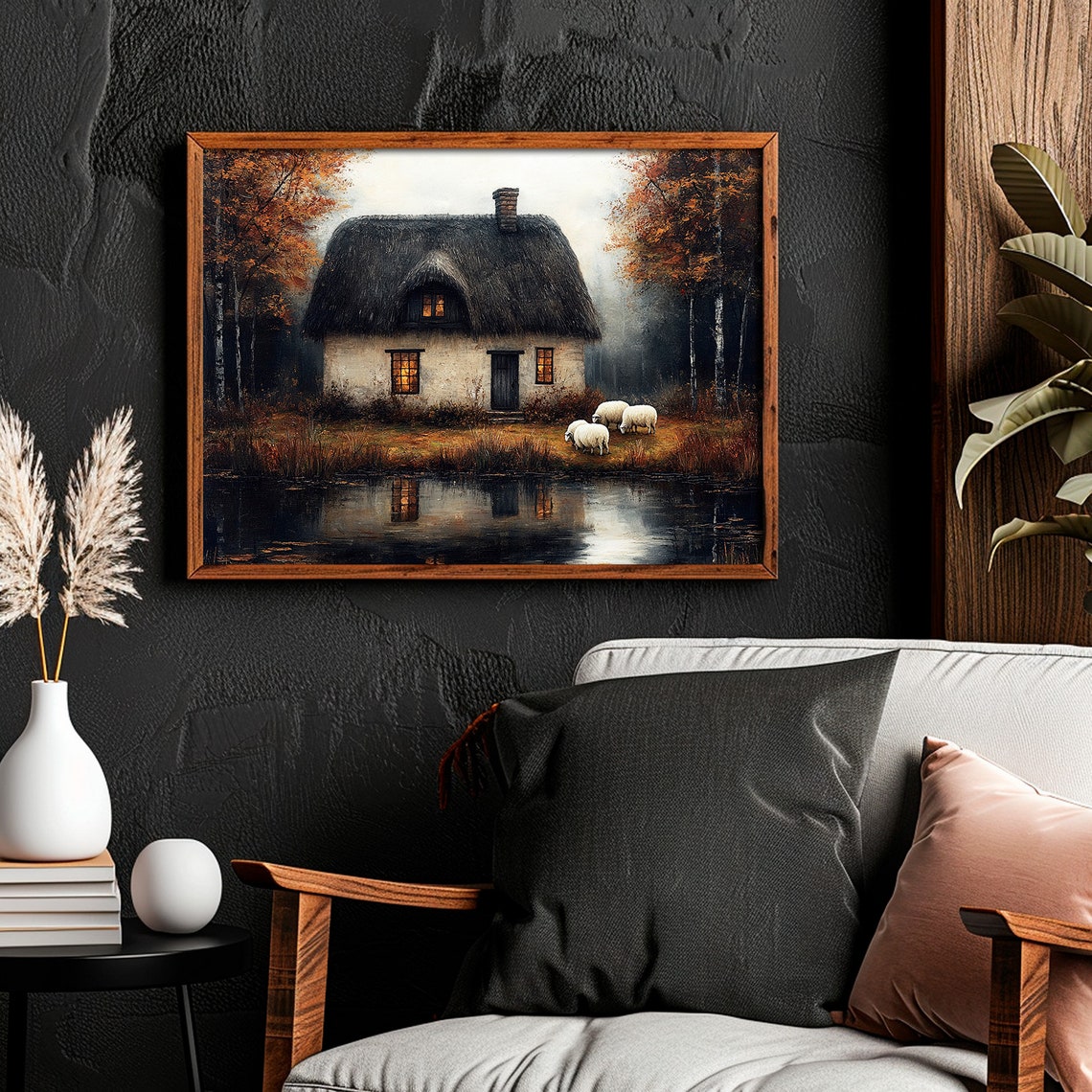 Thatched Cottage Pond Reflection Sheep Autumn Countryside Art Poster - Image 4