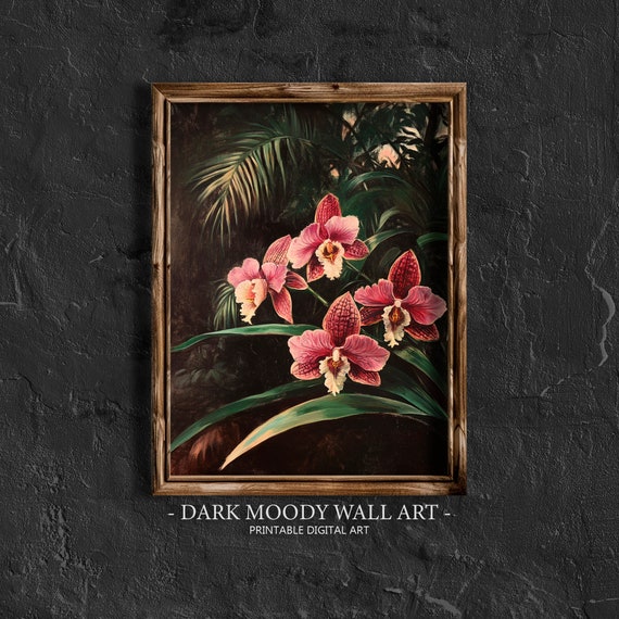 Orchid Painting Flower Wall Art Dark Moody Art Vintage Floral Wall Decor Dark Academia Decor Dark Moody Flower Poster