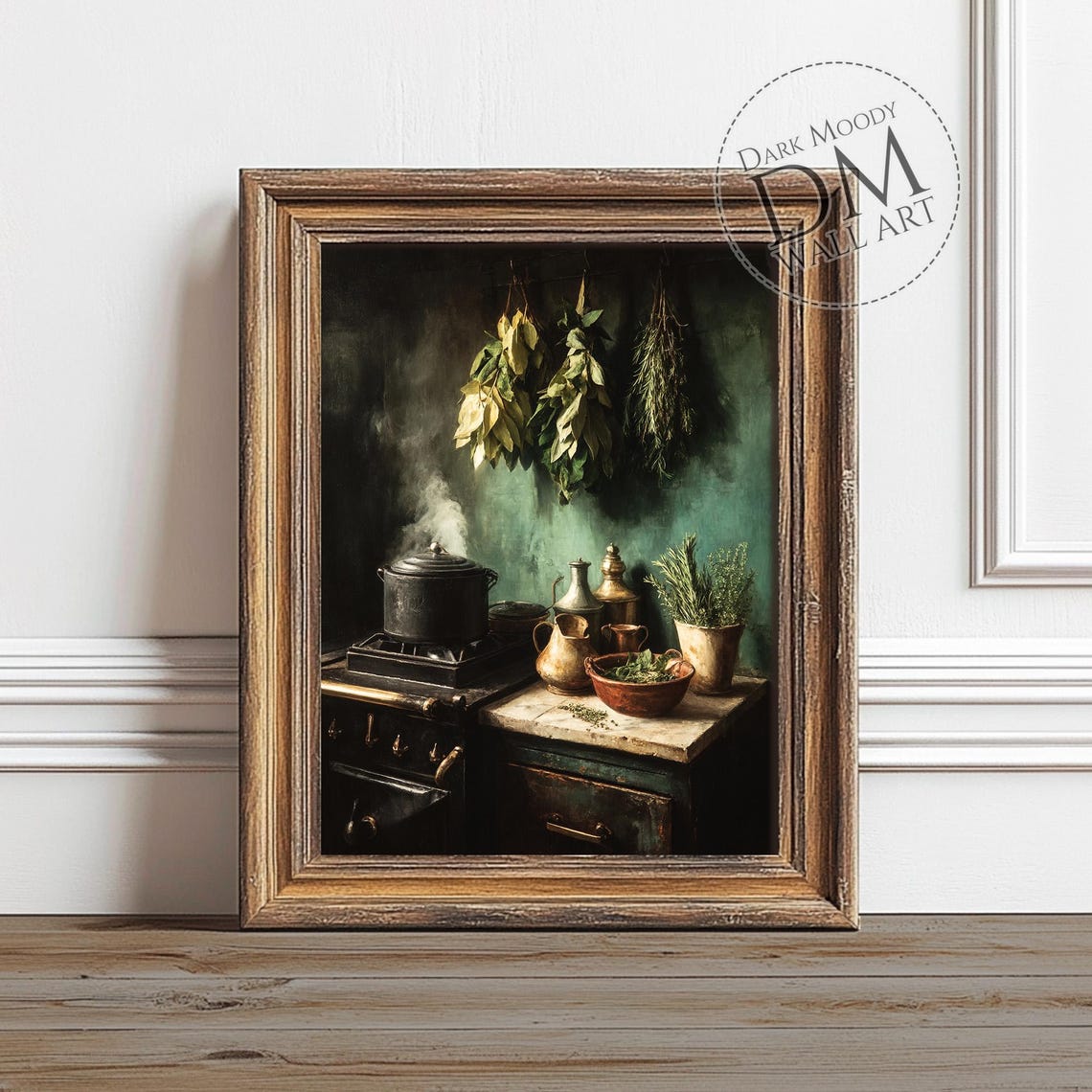 Rustic Kitchen Scene With Hanging Herbs And Copper Pots Poster
