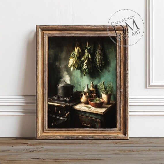 Rustic Kitchen Scene With Hanging Herbs And Copper Pots Poster