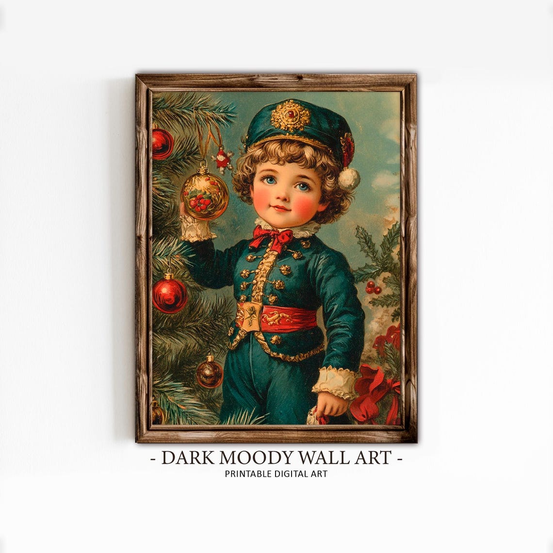 Vintage Christmas Boy Decorating Tree Antique Style Painting Poster
