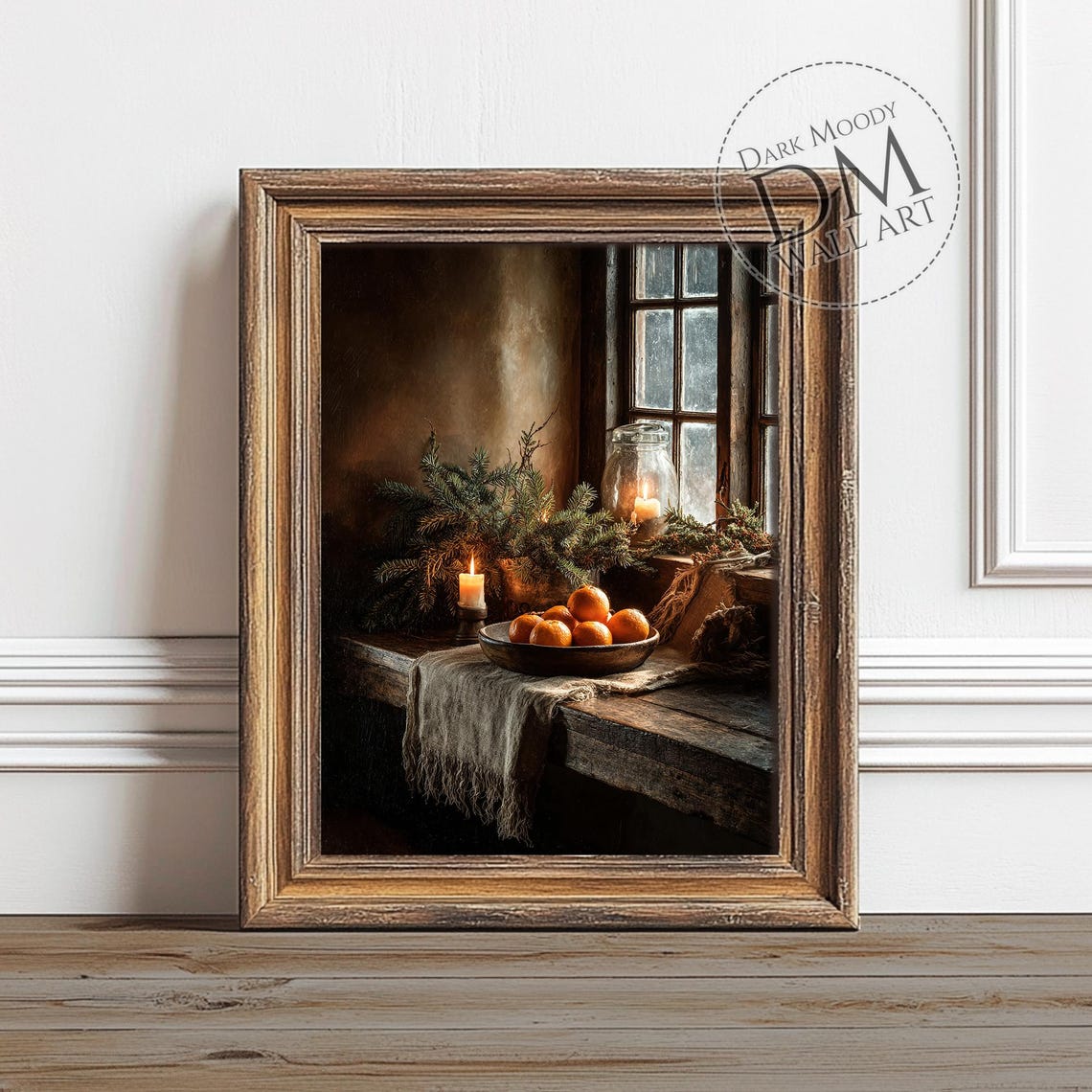 Rustic Christmas Still Life Oranges Candle Moody Vintage Poster